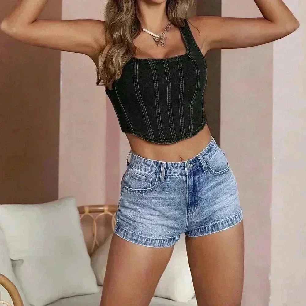 Black Casual Women's Top-Stitching Zip Back Denim Tank Top - Picture 5 of 5